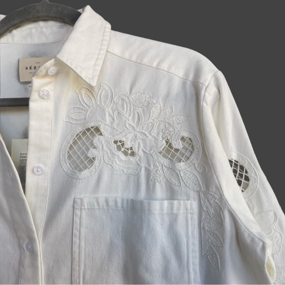 SEZANE NWT Ecru Floral Embroidered Cut Out Oversized Button Down Naora Shirt - Picture 5 of 17